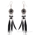 Black Feather Earrings Alloy Pendant Crystal Hook Earrings
